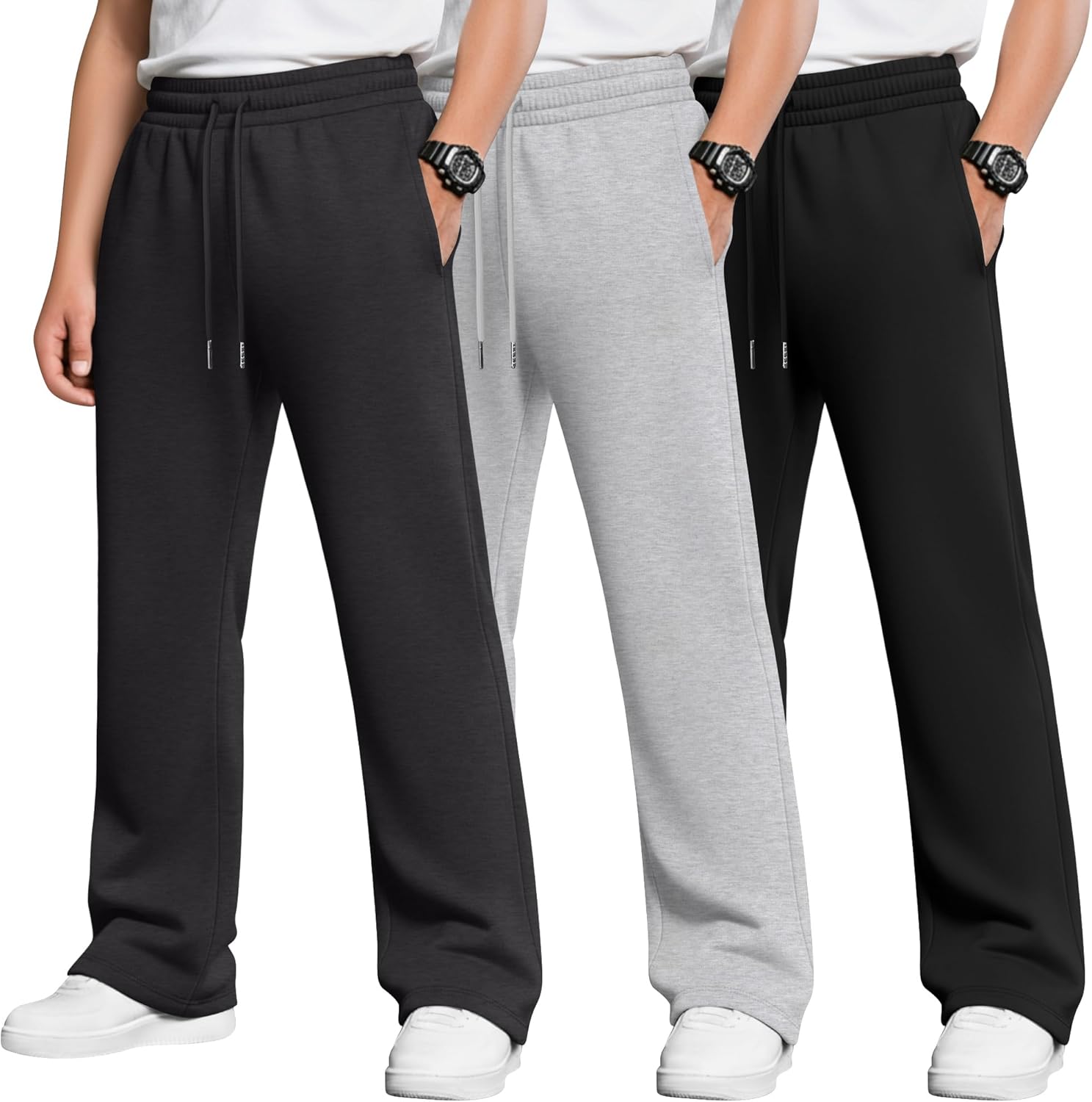 3 Pack Boys Baggy Sweatpants Casual Pants 5-14 Years Straight Leg Open Bottom Athletic Kids Joggers with Pockets