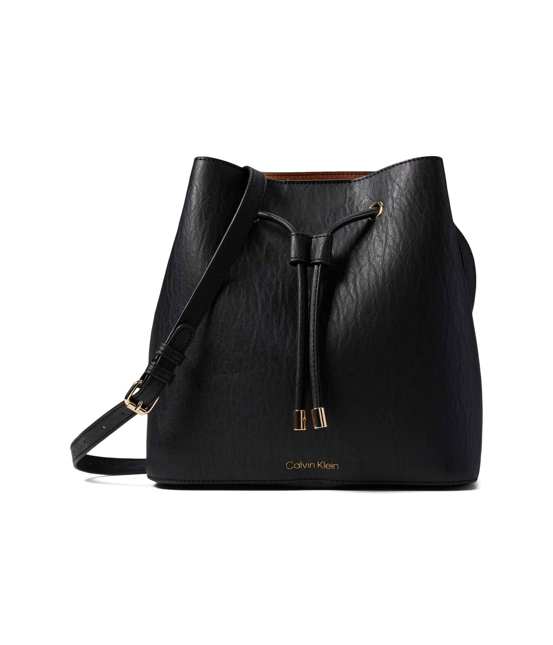 Calvin KleinWomen's Gabrianna Novelty Bucket Shoulder Bag Faux Leather, Adjustable Convertible Strap, Drawstring Closure, 2 Slip Pockets, 1 Zip Pocket, Everyday