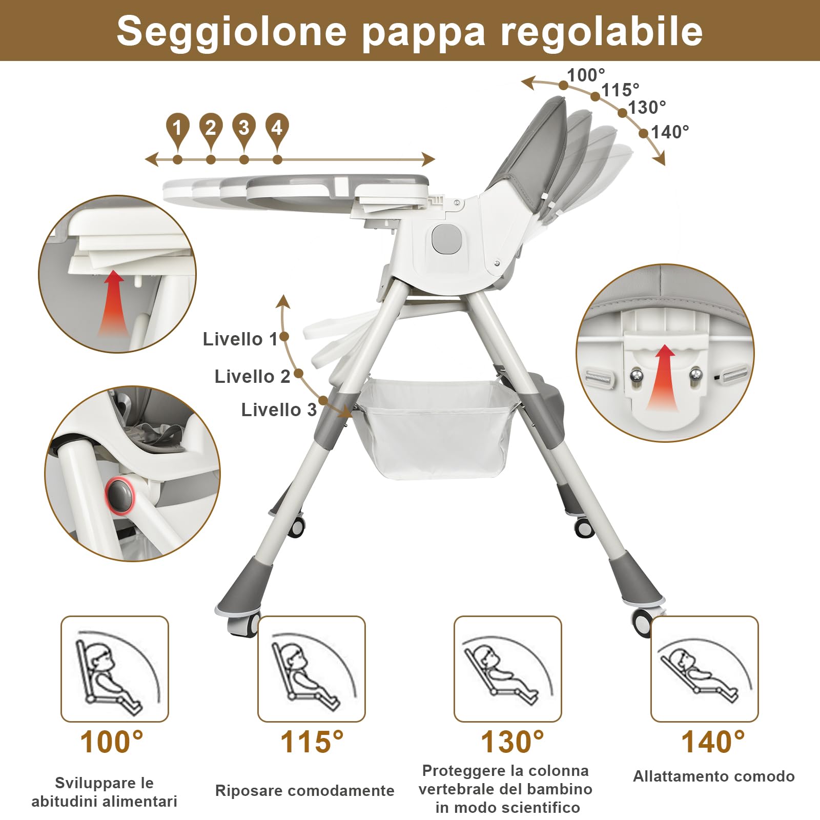 Seggiolone Pappa Portatile, Seggiolone Evolutivo con Dondolo Neonati, Piatto da Cena Smontabile, Schienale regolabile, per Bambini da 6 Mesi fino a 6 Anni