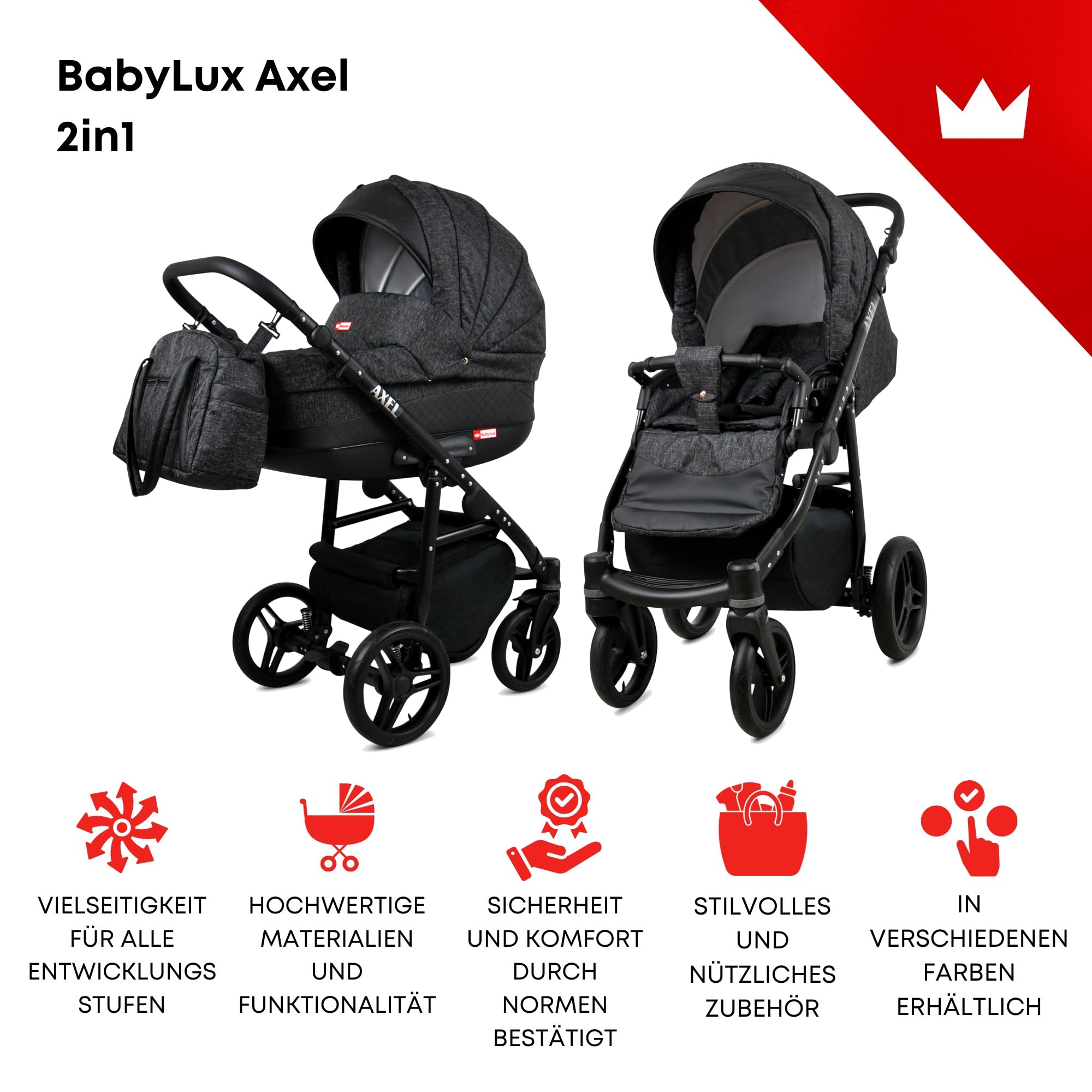 BabyLux® Enfant Poussette Combinée Set 2 en 1 - Axel - incl. Nacelle, Canne - Pliable - avec Accessoires - Sac à langer, Habillage pluie, Moustiquaire, Porte-gobelet etc.
