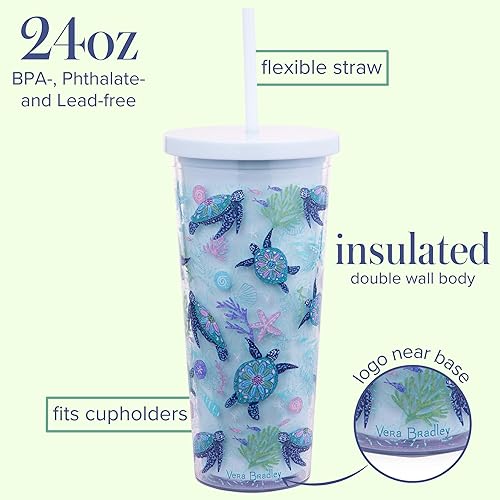 Miniatura 3 de Vera Bradley Vaso de viaje con tapa y pajilla vaso aislado de 24 onzas vaso de doble pared de plástico azul diseño de tortuga