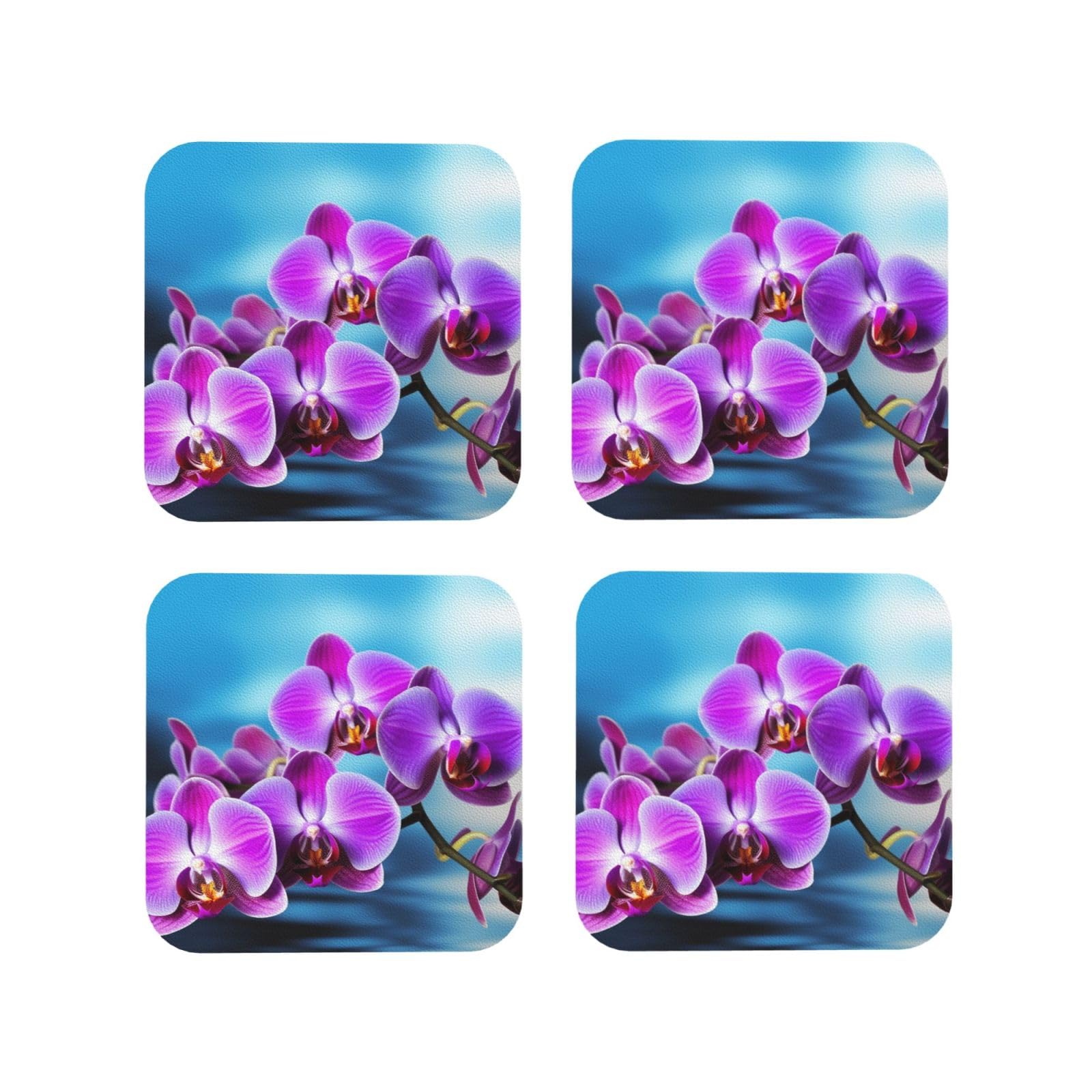 4Pcs PU Leather Coaster for Drinks, Beautiful Orchid Cup Coastersr 4" Cup Mat Pad, Aesthetic Drink Coasters for Coffee Table, Square Coaster for Tabletop Protection