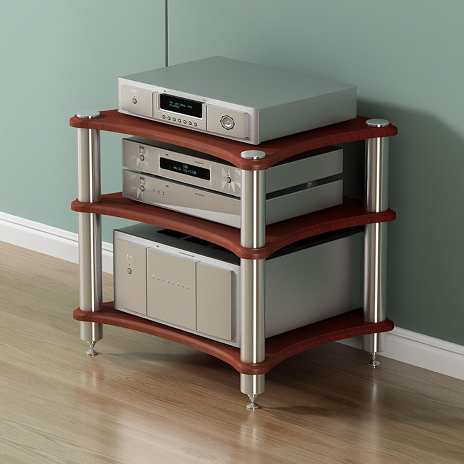 Mobile HiFi Rack Audio Stand Multi-Tier, Scaffale AV Media Cabinet Legno | Mobiletto Audio Portastereo con Punte Isolanti in Metallo per Amplificatore & Giradischi(Teak,3-Tier)