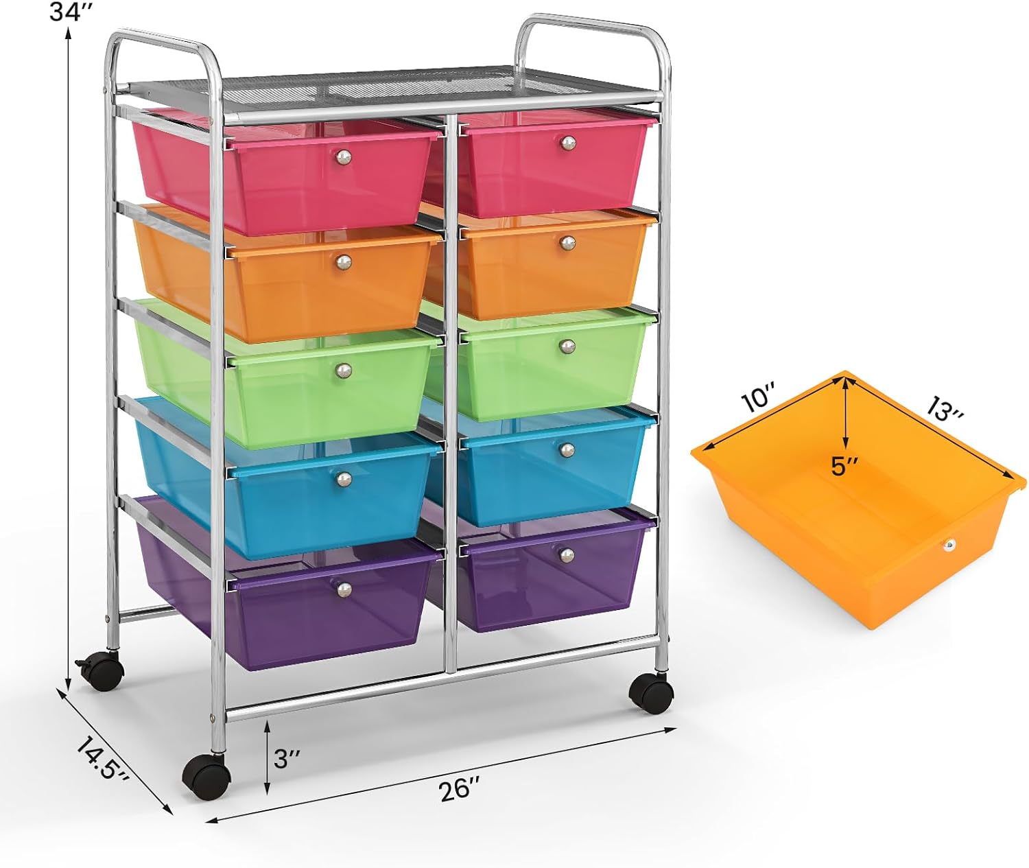 10-Drawer Rolling Cart with Drawers, Storage Cart with Universal Wheel & Metal Frame, Multipurpose Mobile Trolley Utility Cart for Makeup Kitchen Office Play Room (Rainbow)