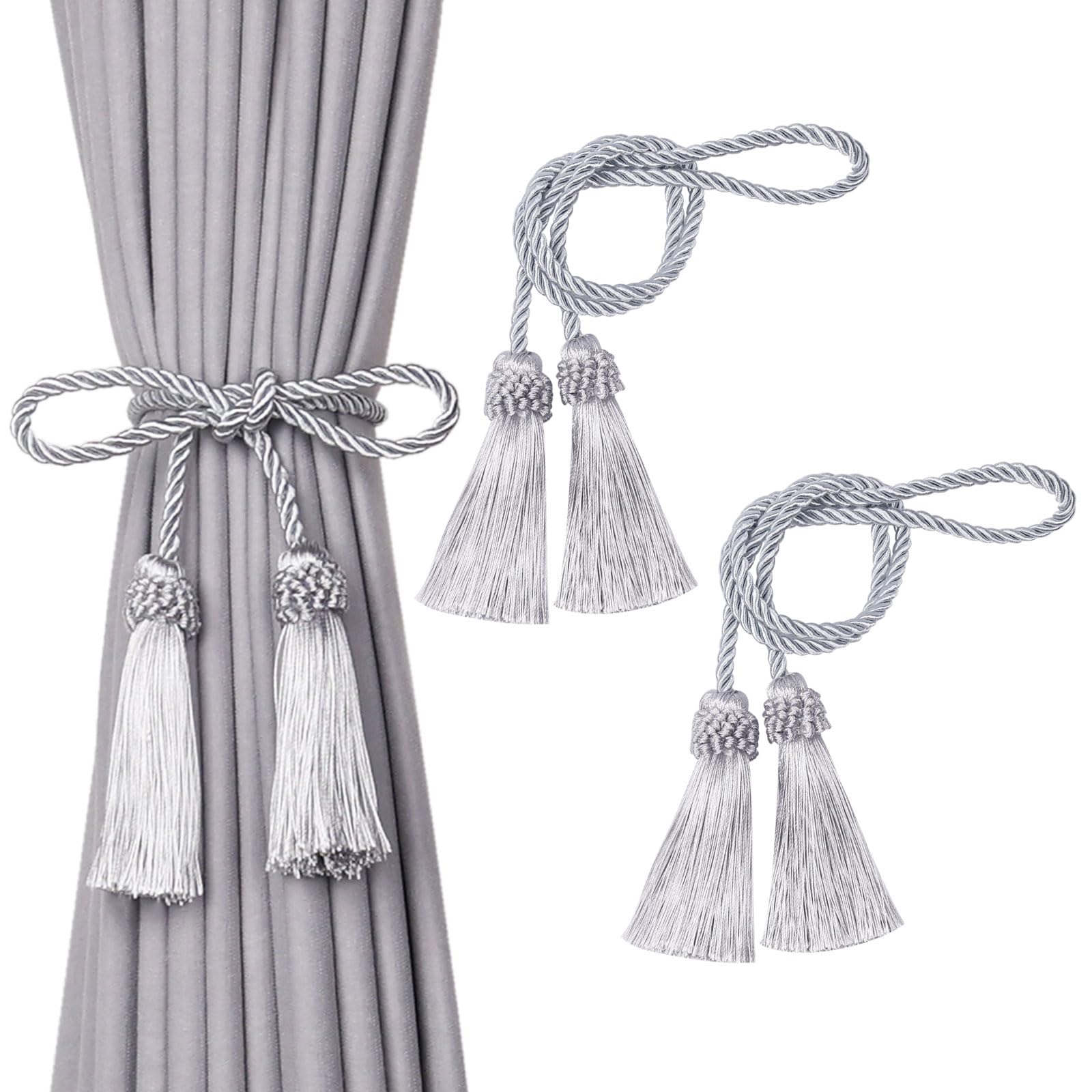 Pretty Jolly Double-Ended Tassel Curtain Tiebacks, 2 Pack, Silver Grey