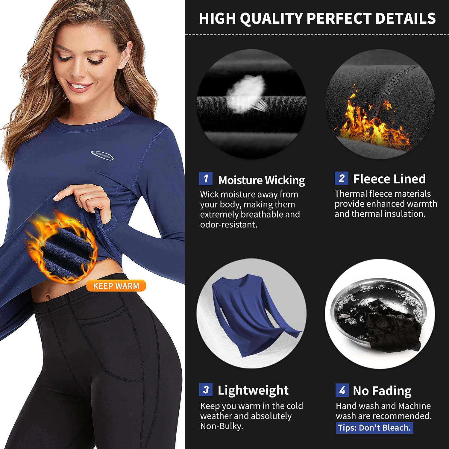 AMGUTEN Biancheria Intima Termica Donna Biancheria Funzionale Donna con Funzione Quick Dry Sportiva Set di Biancheria Intima Base Layer Traspirante Riscaldante Ideale per attività all'Aperto Blu