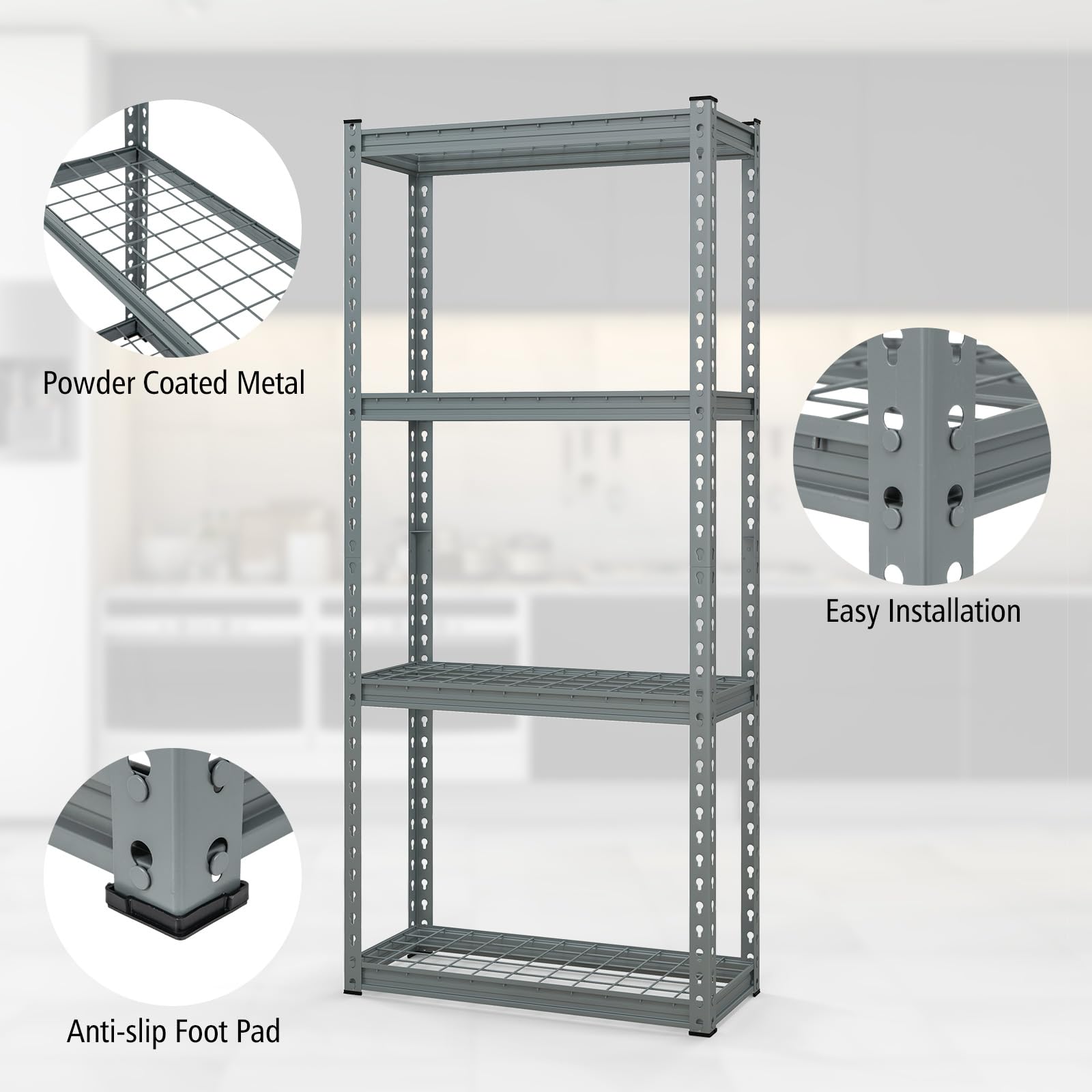 Estantería ajustable de metal resistente de 4/5 niveles para garaje, estante de almacenamiento sin tornillos para cobertizo, taller y garaje, organizador versátil que ahorra espacio para una máxima