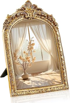 YUSONG Vintage Desk Mirror 8" Gold Antique Tabletop Mirror with Resin Frame, Decorative Wall Art for Living Room Bedroom Vanity Desk Decor, Birthday Gift