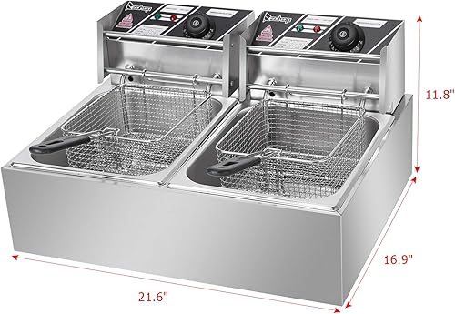 Miniatura 5 de Freidora comercial de 5000 W, freidora eléctrica de doble tanque de 12 litros con 2 cestas, freidora de comida rápida de acero inoxidable para uso