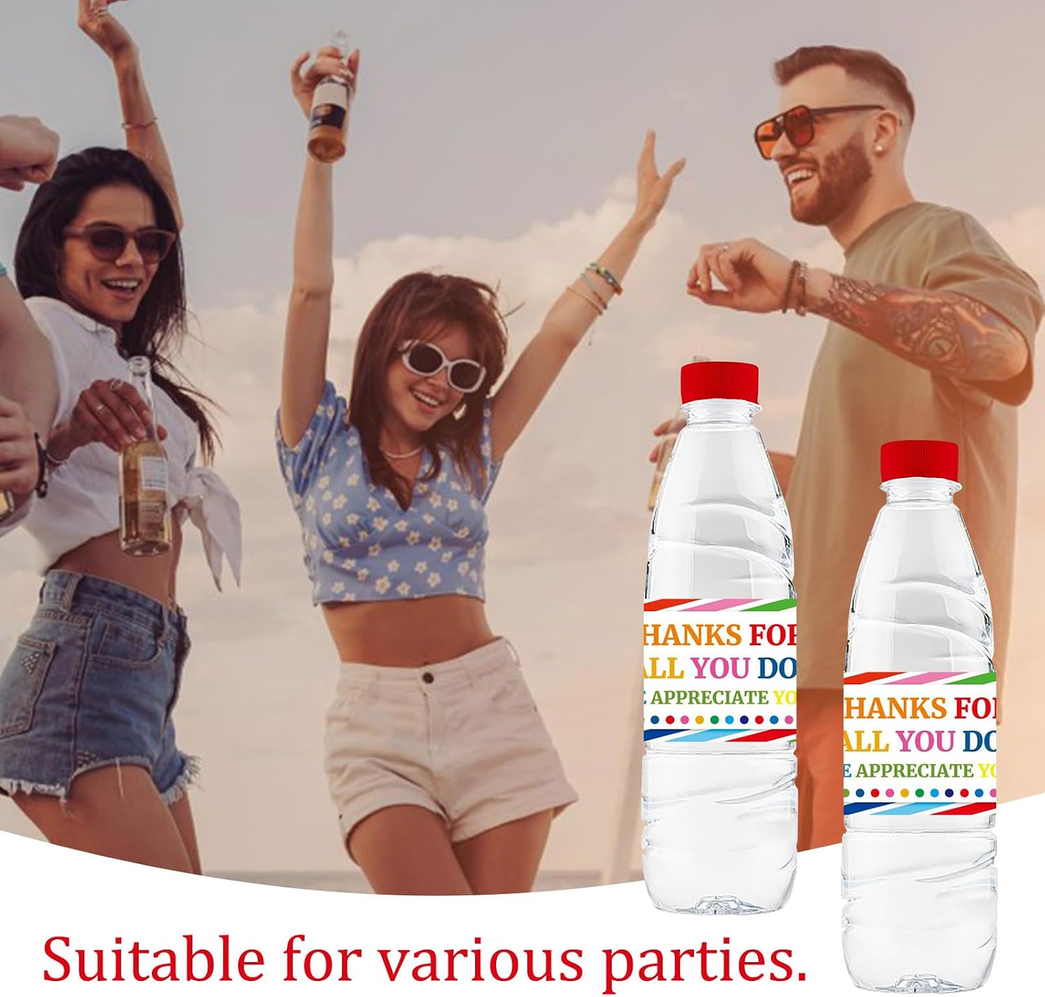 Water Bottle Labels, 50Pcs Colorful Stripes Thanks for All You Do Waterproof Bottle Sticker for Wedding Birthday Graduation Baby Shower