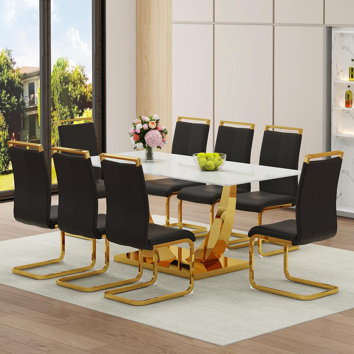 NYEESS White Dining Table Set For 6 - 71" Faux Marble Glass Top With Gold Base & PU Leather Chairs, 7-Piece