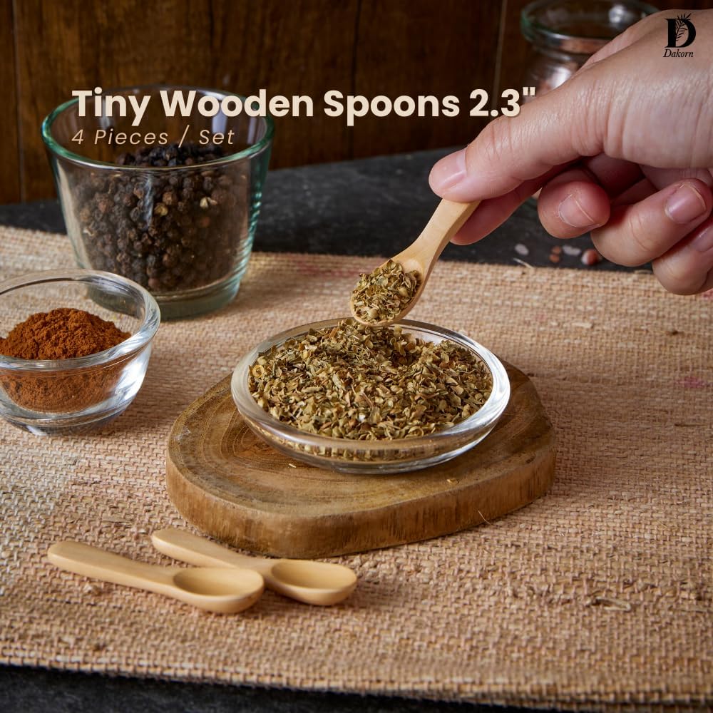 Set of 4 Handmade Tiny Wooden Spoons, 2.3” Mini Size for Salt Sugar Spices Condiments (Light Brown)
