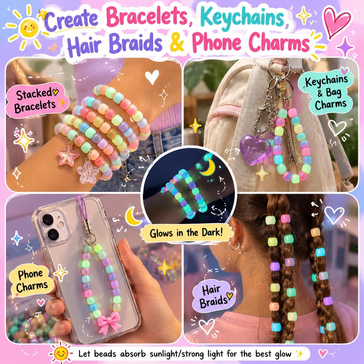 6 Boxes Bracelet Making Kit Pony Beads, 6x9mm Kandi Rave & Hair Beads Set with UV Color Changing, Glow-in-Dark, Alphabet Letters for Friendship Jewelry DIY Crafts