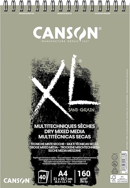 CANSON XL Sand Grain Dry Mixed Media 160gsm Paper A4 Grey Landscape Drawing Pad with Sandpaper-Like Finish, Spiral-bound with 40 Sheets, Ideal for Professional Artists & Students