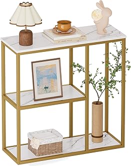 WOHOMO Console Table, Small Entryway Table with Storage Shelves 12'' Narrow Sofa Table Modern Hallway Table for Living Room 31.5" x12''x31.5'' White and Gold