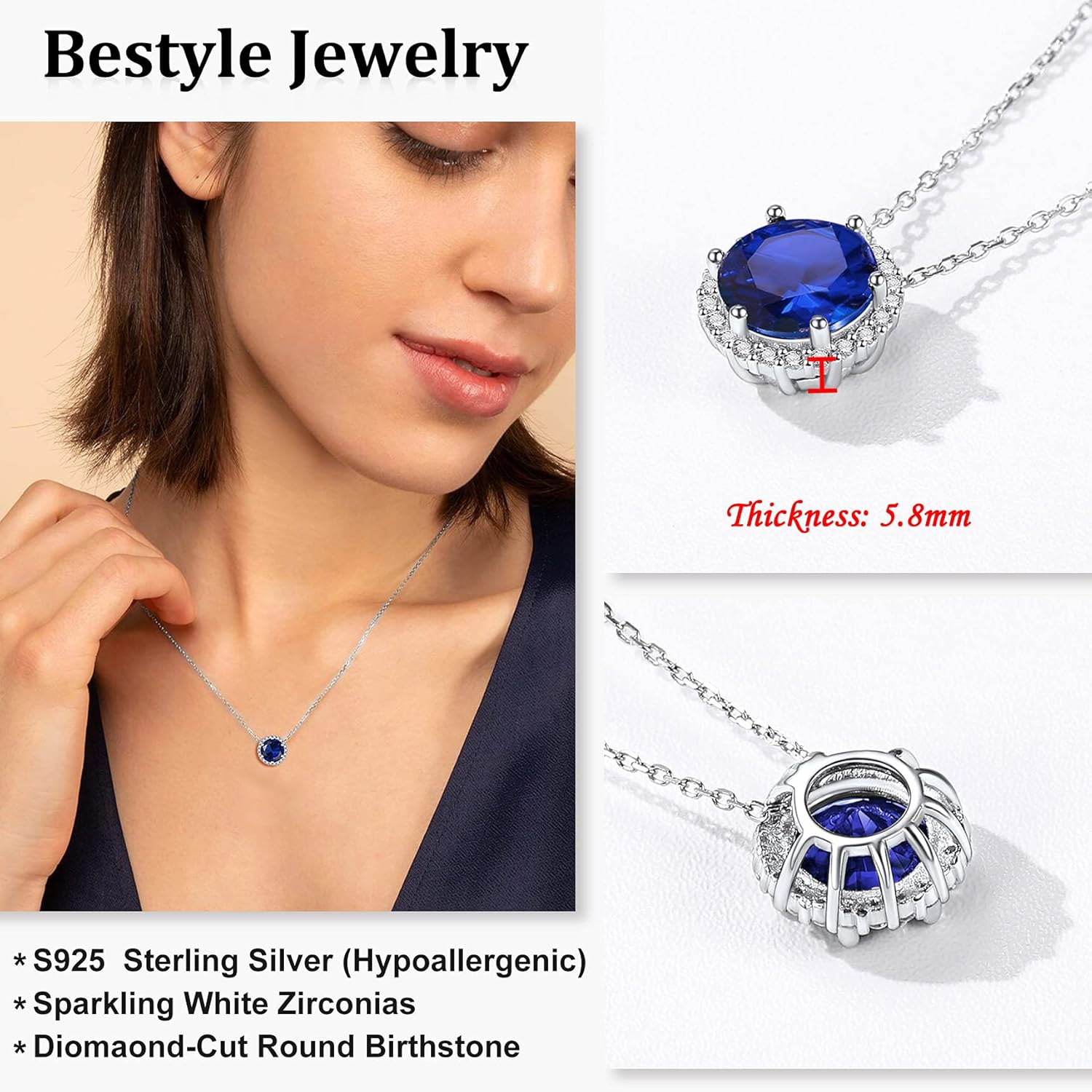 Bestyle Sparkling 925 Sterling Silver Birthstone Necklaces for Women, Created Heart/Round/Teardrop/Square Crystal Solitaire Pendant Diamond Necklace, Great Birthday/Anniversary/Wedding Gifts - Image 4