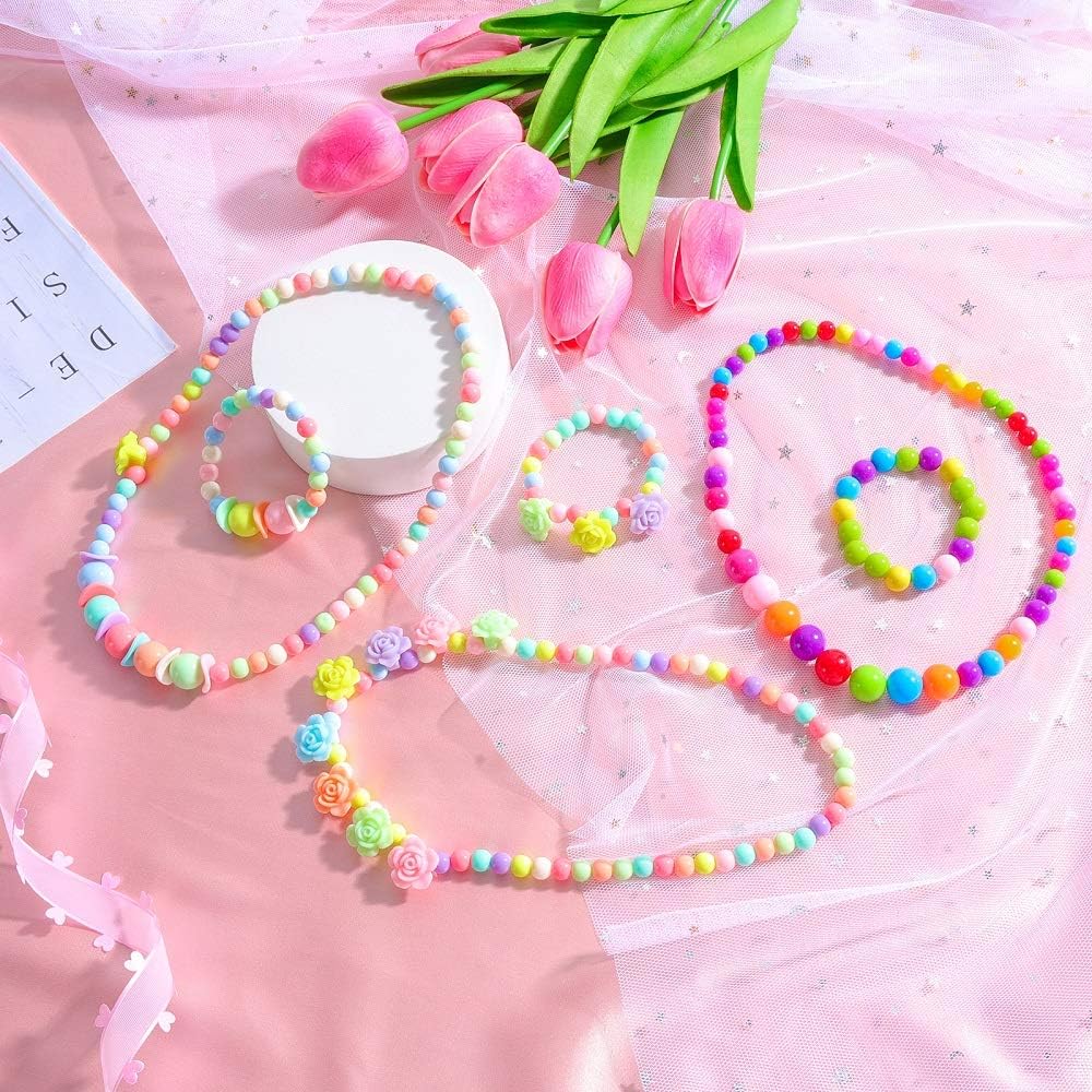 BigOtters Little Girls Necklace Bracelet, 3 Sets Kids Lovely Beaded Necklace and Bracelet Colorful Beads Jewelry Princess Dress up for Toddlers Kids Gift Pretend Play Party Favors : Toys & Games