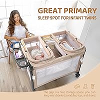 Vista 6 de JOYMOR Moisés doble para bebé, moisés de cabecera beige, convertible a moisés de cabecera y corralito, con ruedas, freno, moisés lateral plegable