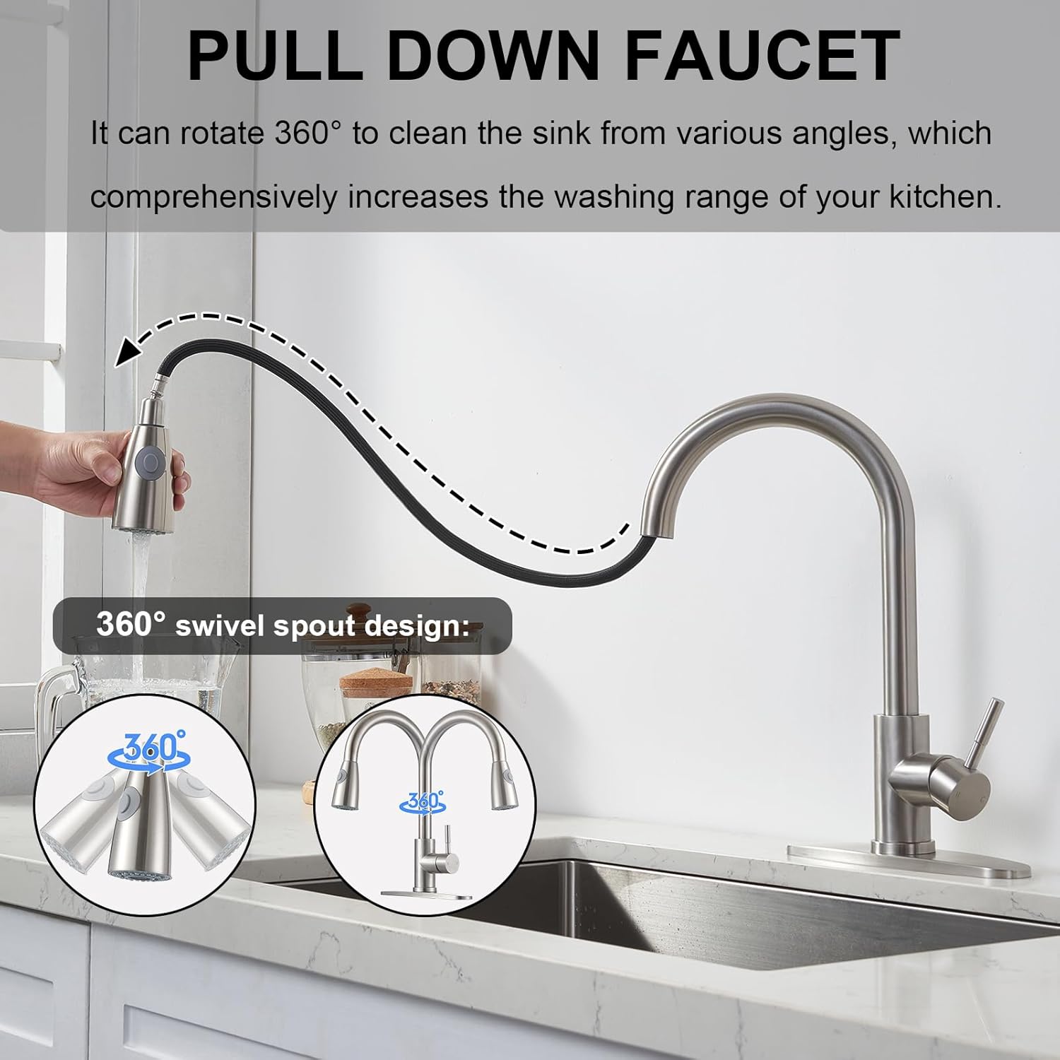 SHACO Kitchen Faucets with Pull Down Sprayer, Single Handle Stainless Steel Brushed Nickel Kitchen Sink Faucet, High Arc Pull Out Kitchen Faucet with Deck Plate, SC-ZT001L-D-NEW24