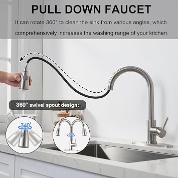 SHACO Kitchen Faucets with Pull Down Sprayer, Single Handle Stainless Steel Brushed Nickel Kitchen Sink Faucet, High Arc Pull Out Kitchen Faucet with Deck Plate, SC-KF100