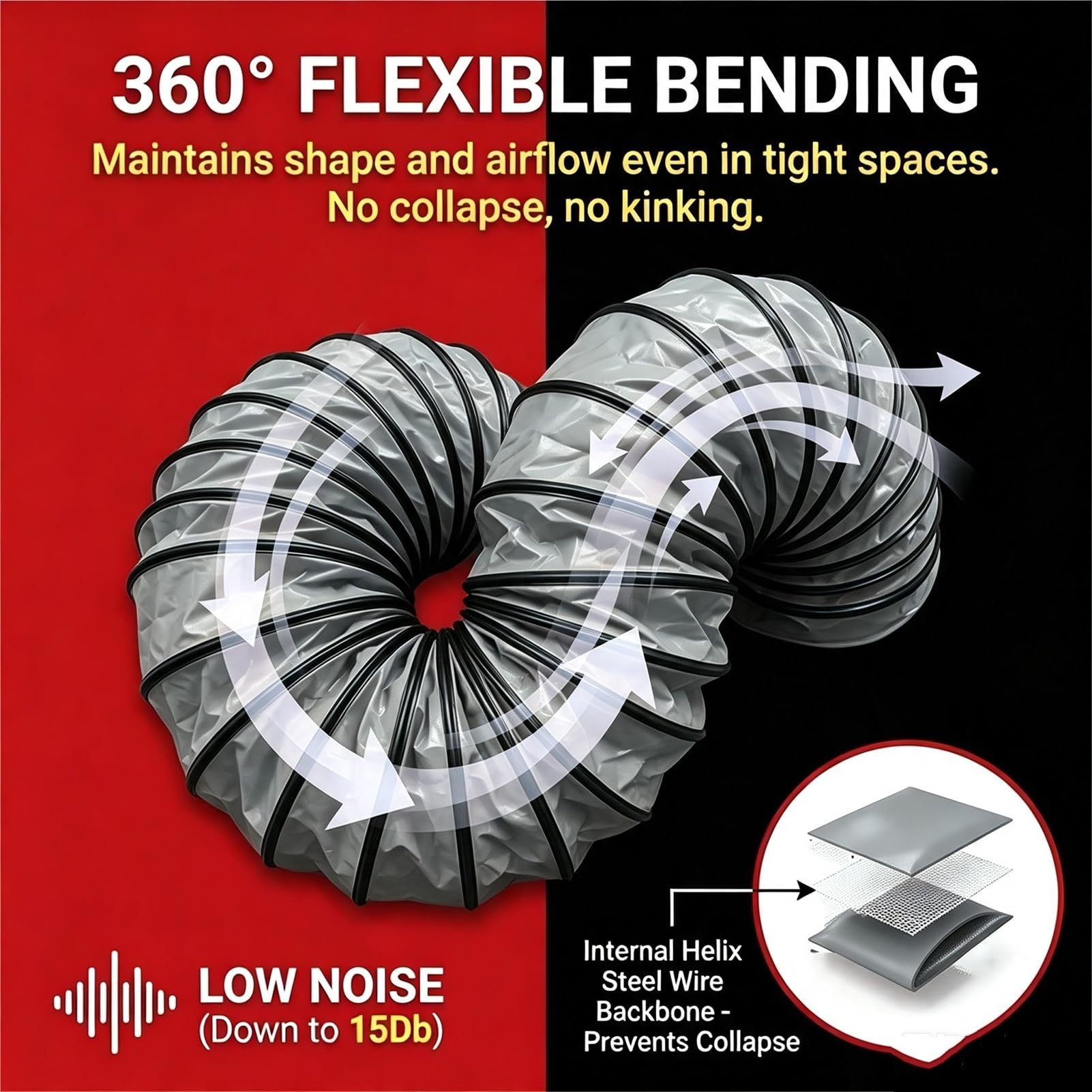 Tubo Flessibile Ventilazione Ignifugo per Aspiratore | Ignifugo Fino A 120°C | Anelli A DAcciaio Inox Fissaggio Rapido | Tessuto PVC 3 Strati 0,36mm(L3m/9.8FT,Id(A)450mm/17.7in)