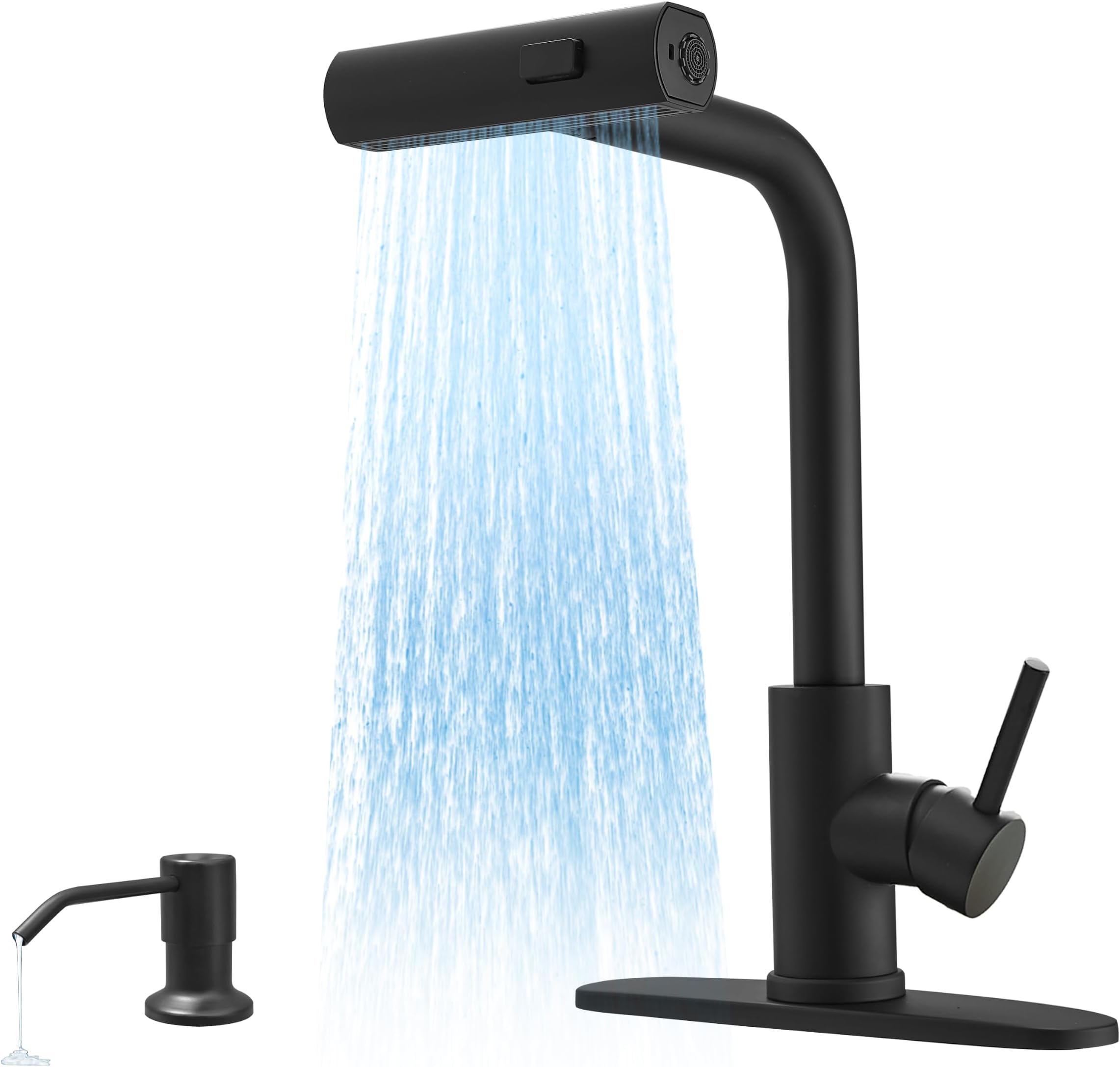 JOOM Black Waterfall Kitchen Faucet with Pull Down Sprayer & Soap Dispenser | Stainless Steel Single Handle Faucet with 3 Spray Modes for Farmhouse, RV, Laundry, Bar and Utility Sinks