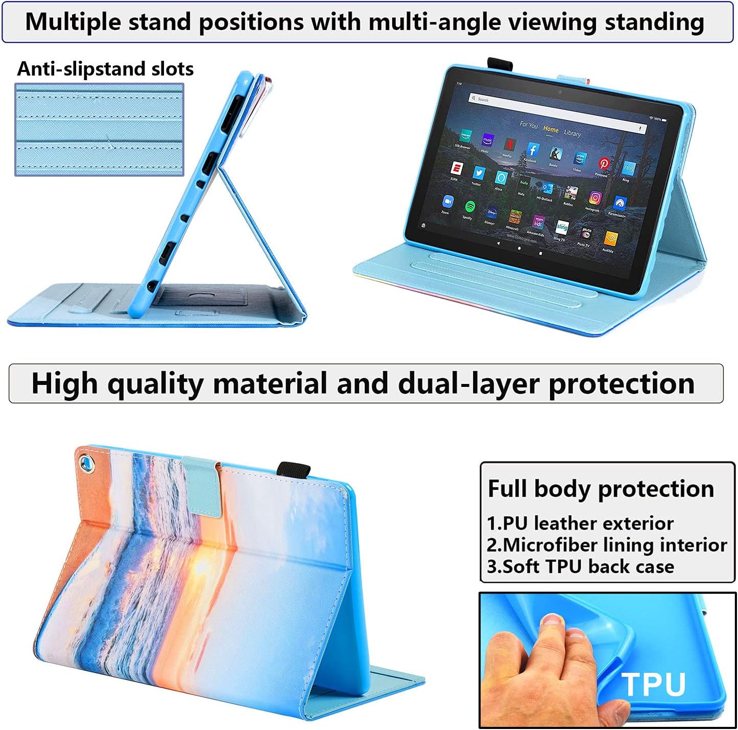 for Amazon Kindle Fire HD 10 Case 10.1 inch Tablet 9th/7th Generation (2019/2017) with Pencil Holder/Card Pockets [Auto Wake/Sleep] Smart Magnetic PU Leather Folio Stand Cover, Beach Sunrise