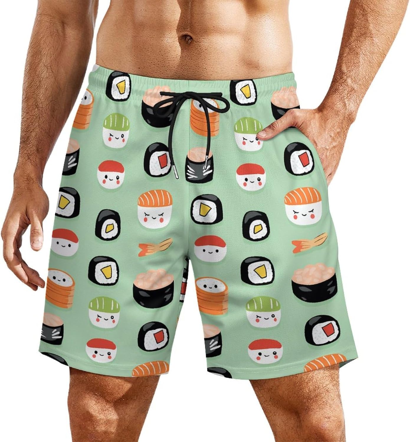 Sushi Japanese Food Casual Beach Shorts for Men Elastic Waist Drawstring Swim Shorts With Compression Liner
