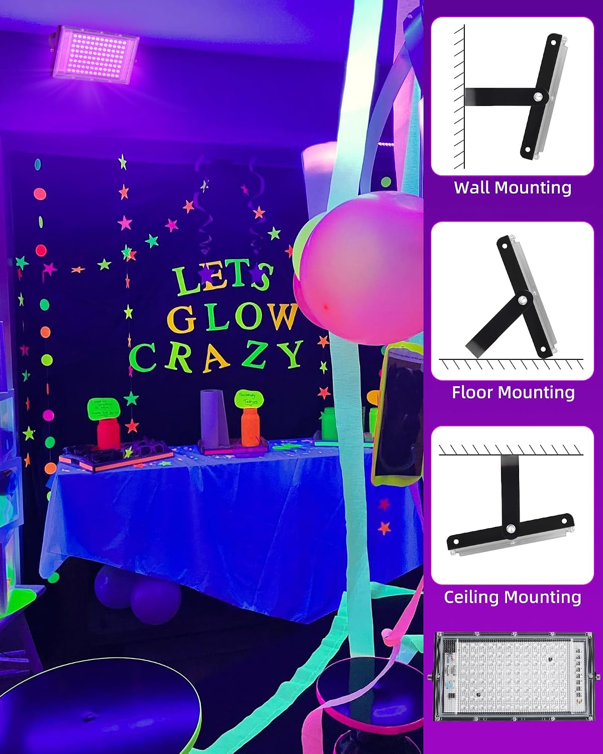 THECHAM 100W LED Black Lights IP66 Waterproof Black Light Outdoor with 5.9ft Plug+Switch,Flood Blacklight for Halloween Glow in The Dark Party Stage Light Neon Glow Birthday 2 Pack