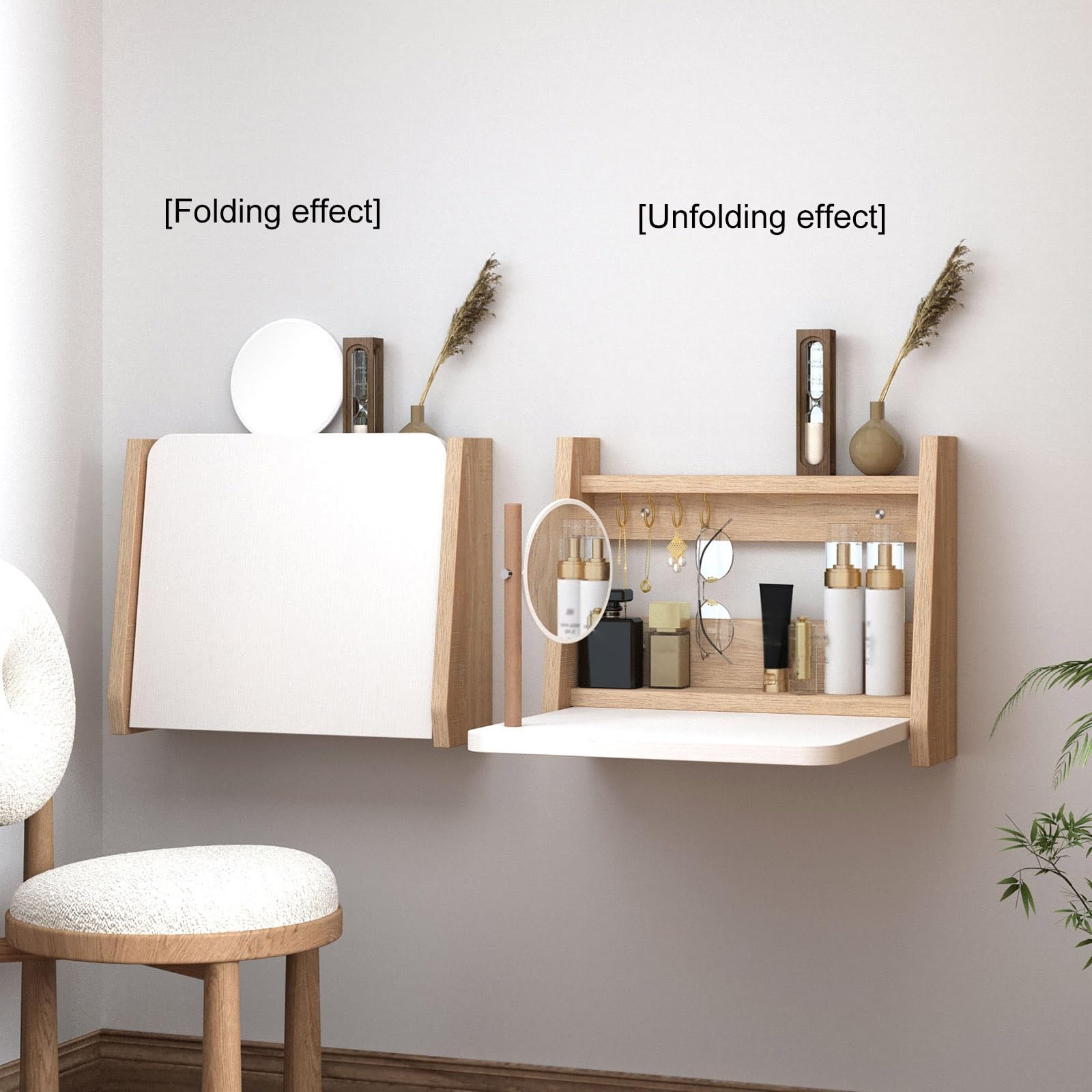 Tavolo da toeletta sospeso a Parete con Specchio, scrivania per Il Trucco salvaspazio per Camera da Letto e Bagno, Piccolo ripiano in Legno (Bianco, 60 cm) - Design Funzionale ed Elegante