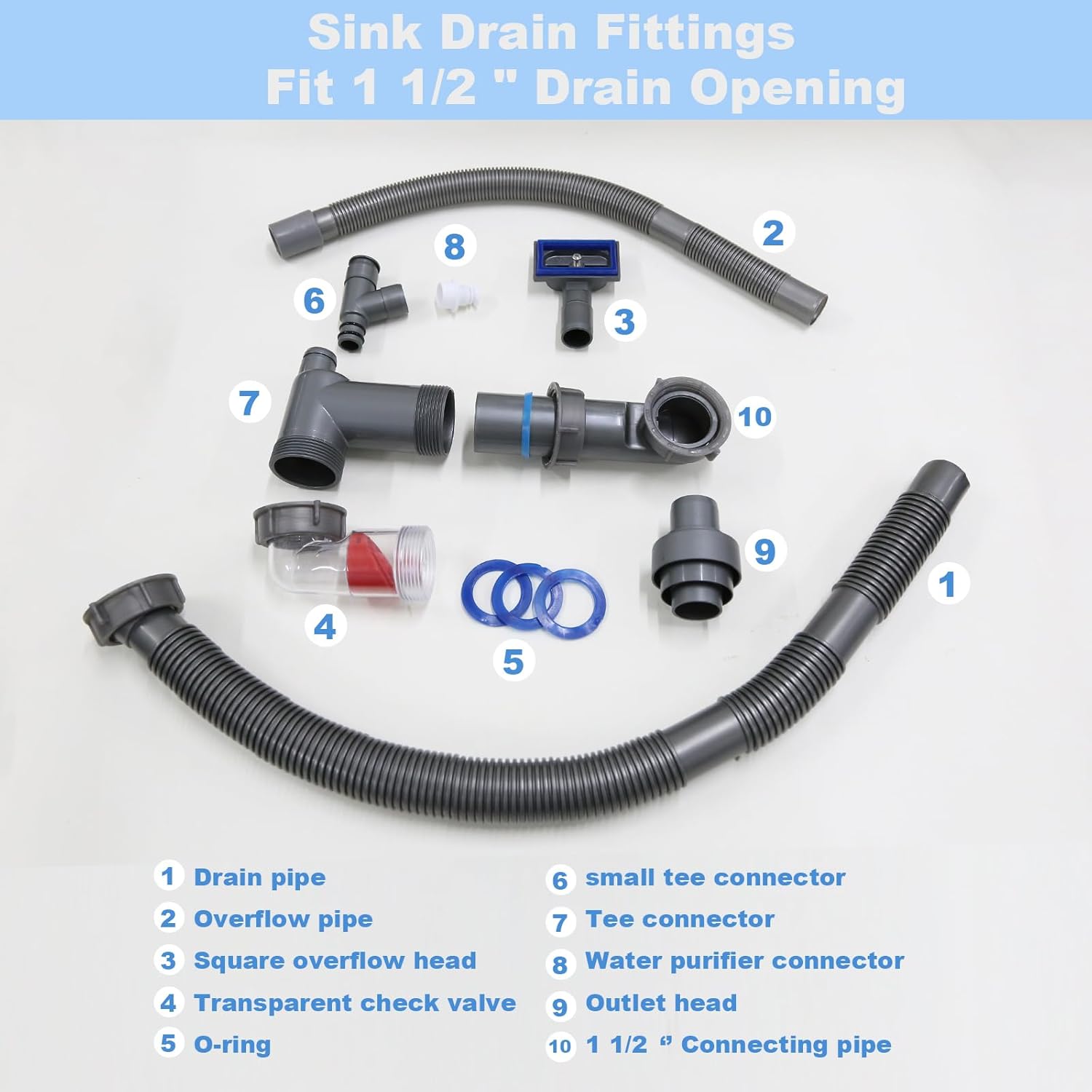 Flexible 1 1/2" Pipe Kit for One Kitchen Sink Space Saving Kitchen Sink Drain Kit with Transparent Backflow Preventer P Trap for Kitchen Bathroom Restroom Laundry
