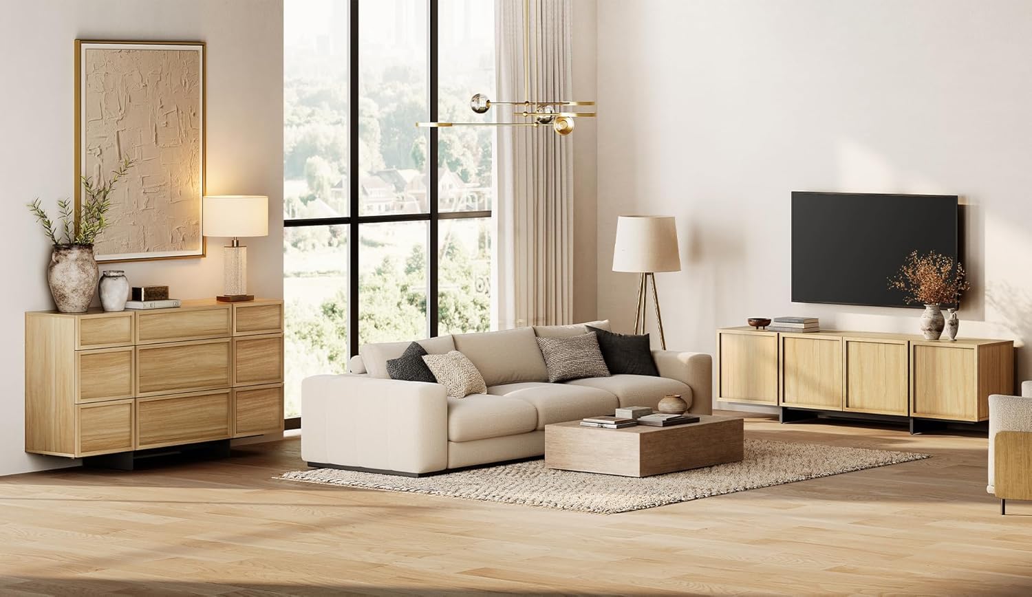 WAMPAT Modern TV Stand with 9 Drawers, Entertainment Center with T-Shaped Legs, Media Console Table with Storage Drawers for Living Room, Bedroom, Oak