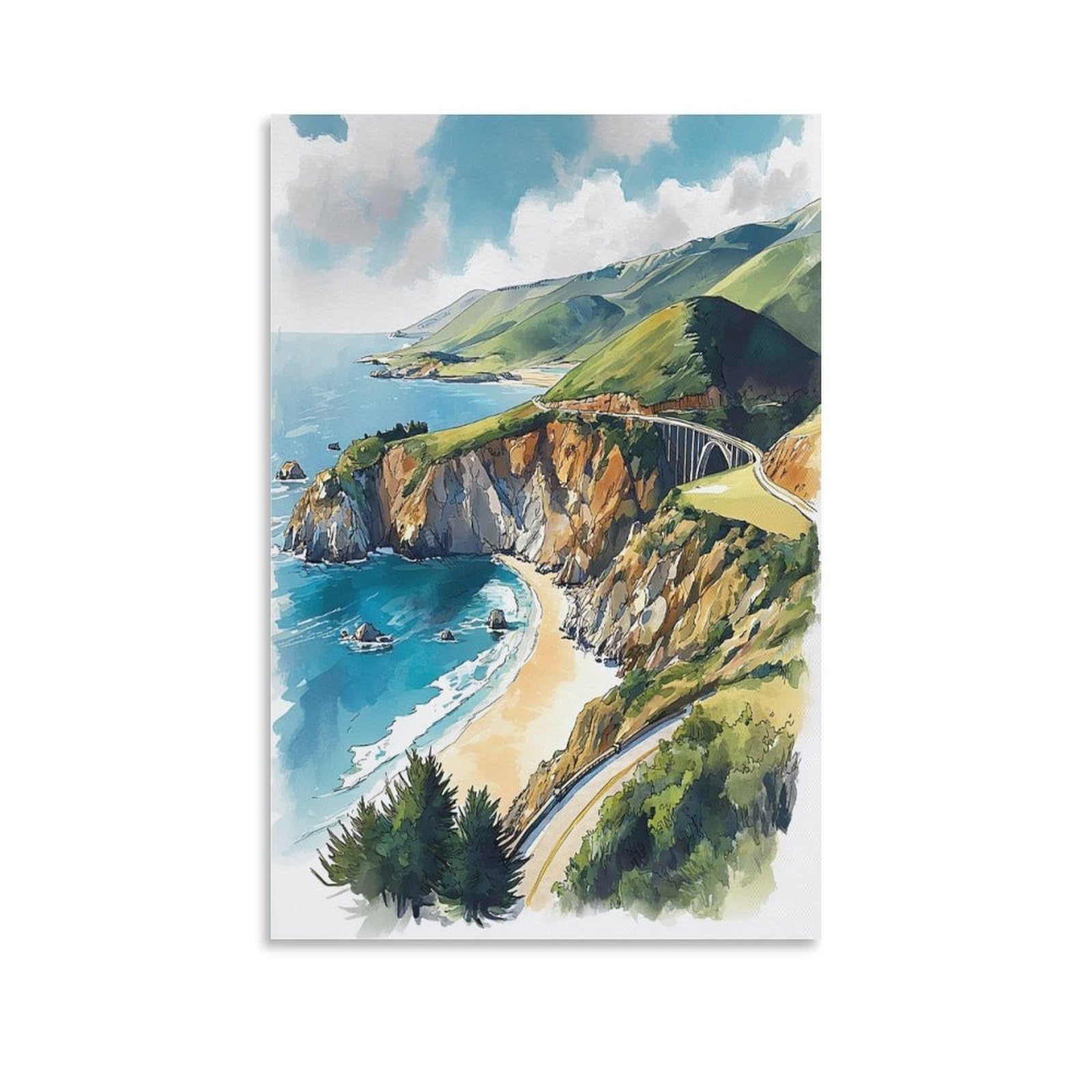 XWYMXZ Big Sur Watercolor Painting California Coast Travel Posters 20x30inch(50x75cm) Vintage Watercolor Canvas Art
