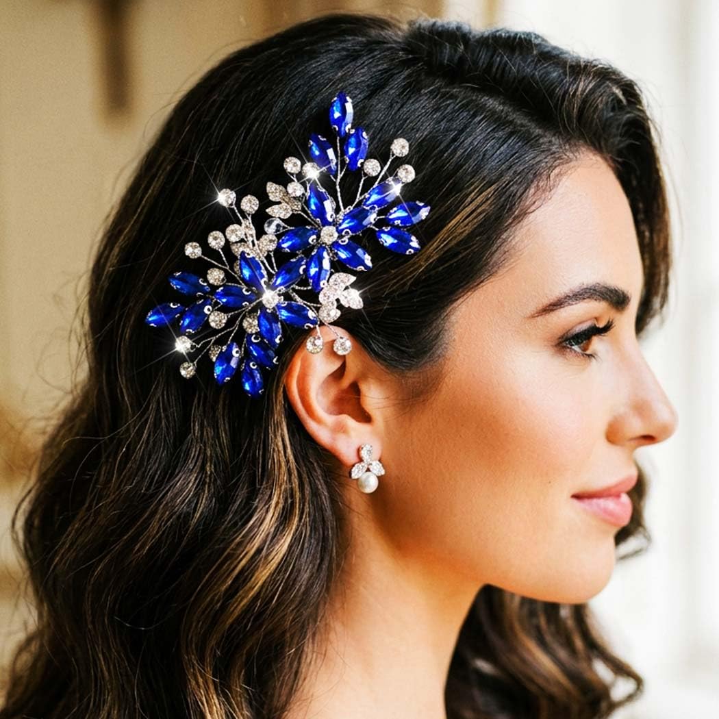 GORAIS Rhinestone Wedding Hair Comb Silver Bridal Hair Accessories Crystal Hair Clip for Bride and Women (Blue Silver)