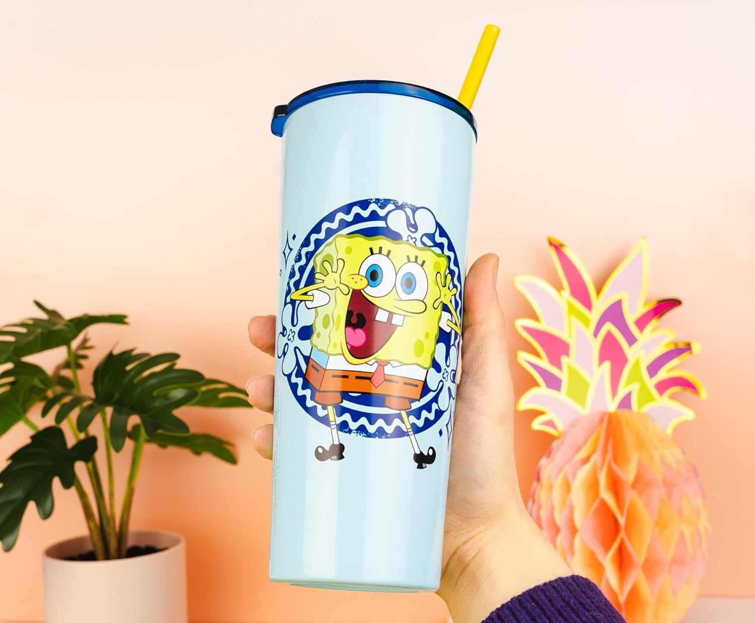 Silver Buffalo Spongebob Squarepants Happy Jazz Hands Double Walled Stainless Steel Tumbler with Straw, 22 Ounces - Image 7