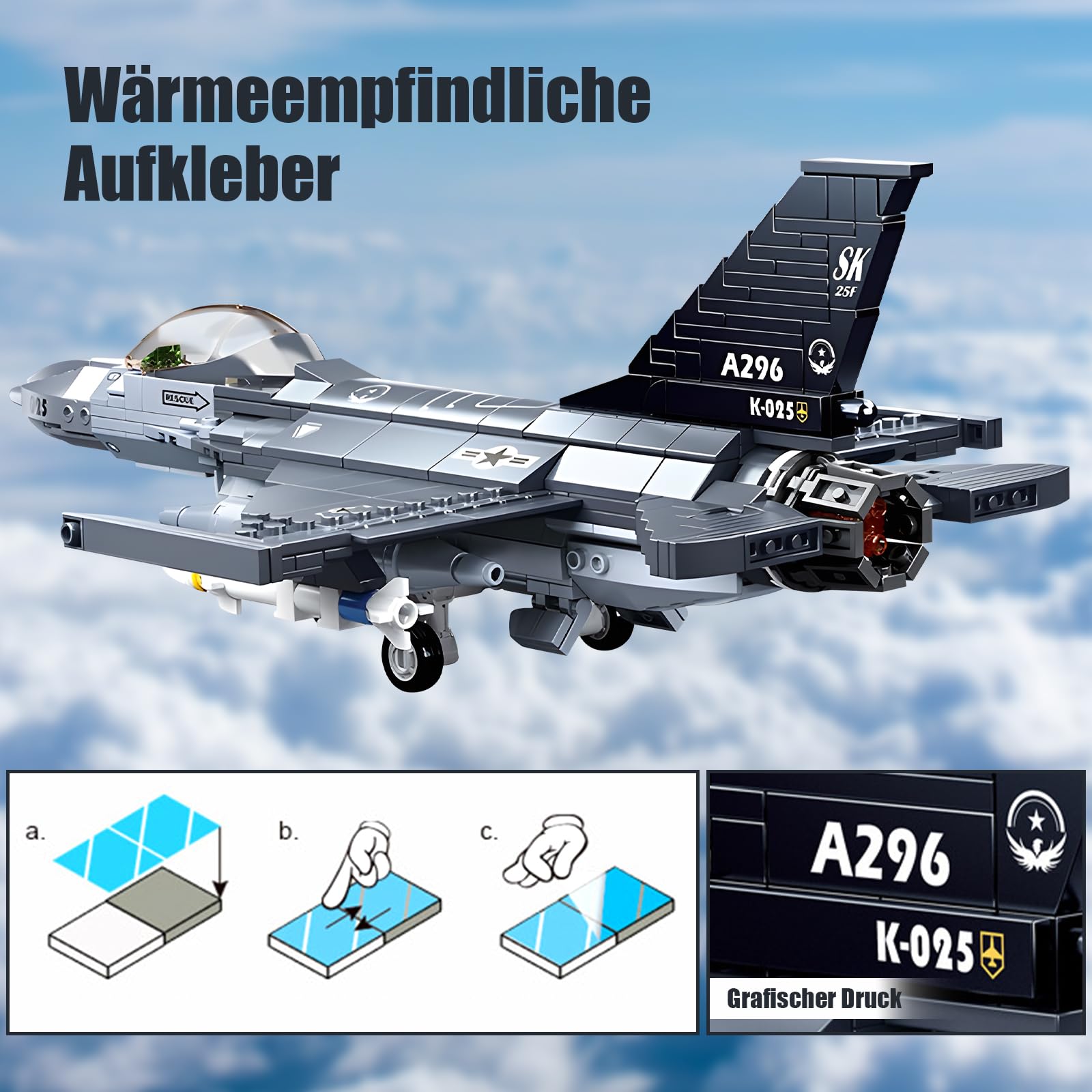 HIGH GODO Set di blocchi per costruzioni di aerei da caccia F-16C, modello Eurofighter scala 1:44 521 pezzi blocchi per costruzioni con morsetti per aerei da caccia della seconda guerra mondiale, comp