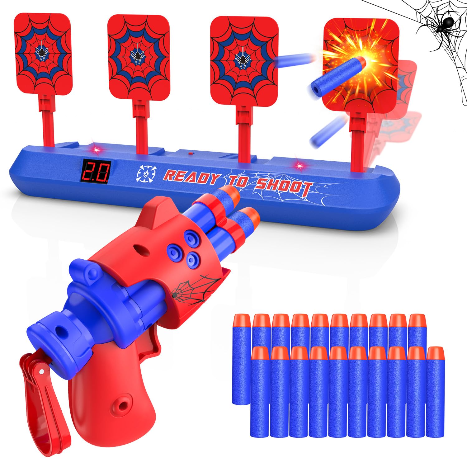 Spider Electronic Target with Toy Gun for Nerf, Kids Pistol Toy for Age 3 4 5 6 7 8 9 10 Year Old Boy Girl Children Foam Bullet Blaster Shooting Game Christmas Birthday Gift Present Stocking Filler