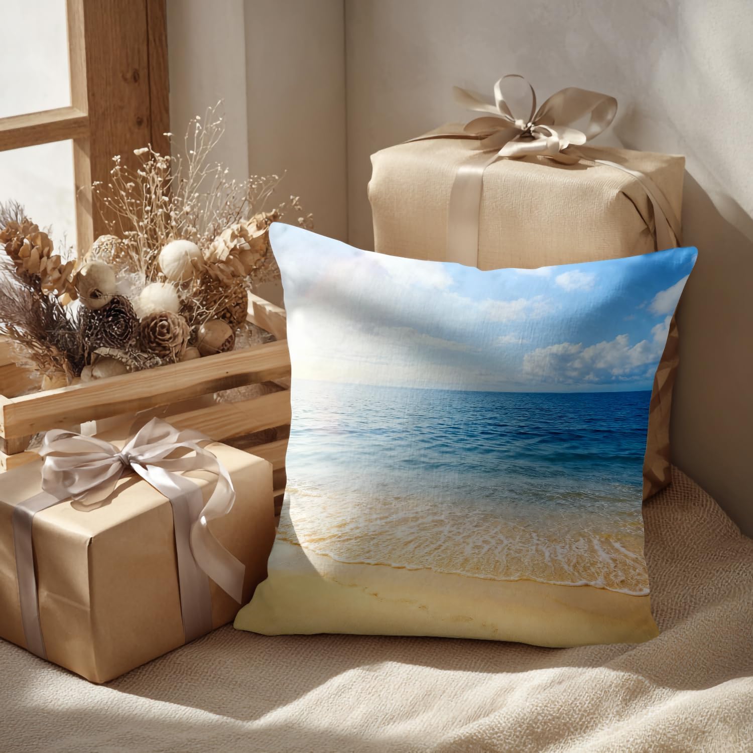 Batmerry Summer Beach Blue Decorative Pillow Covers, 22 x 22 Inch Sunset Reflection On The Sea View with Sunlight Double Sided Throw Pillow Covers Sofa Cushion Cover Square 22 Inches(Set of 2)