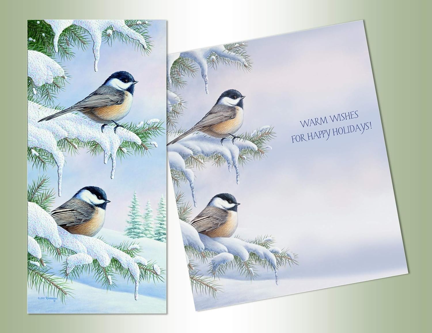PERFORMING ARTS ® BOXED CHRISTMAS CARDS Chickadees Long Non-flake Glitter Embellished Boxed Christmas Cards with Full Color Inside Designs (14 glitter cards, 14 envelopes)