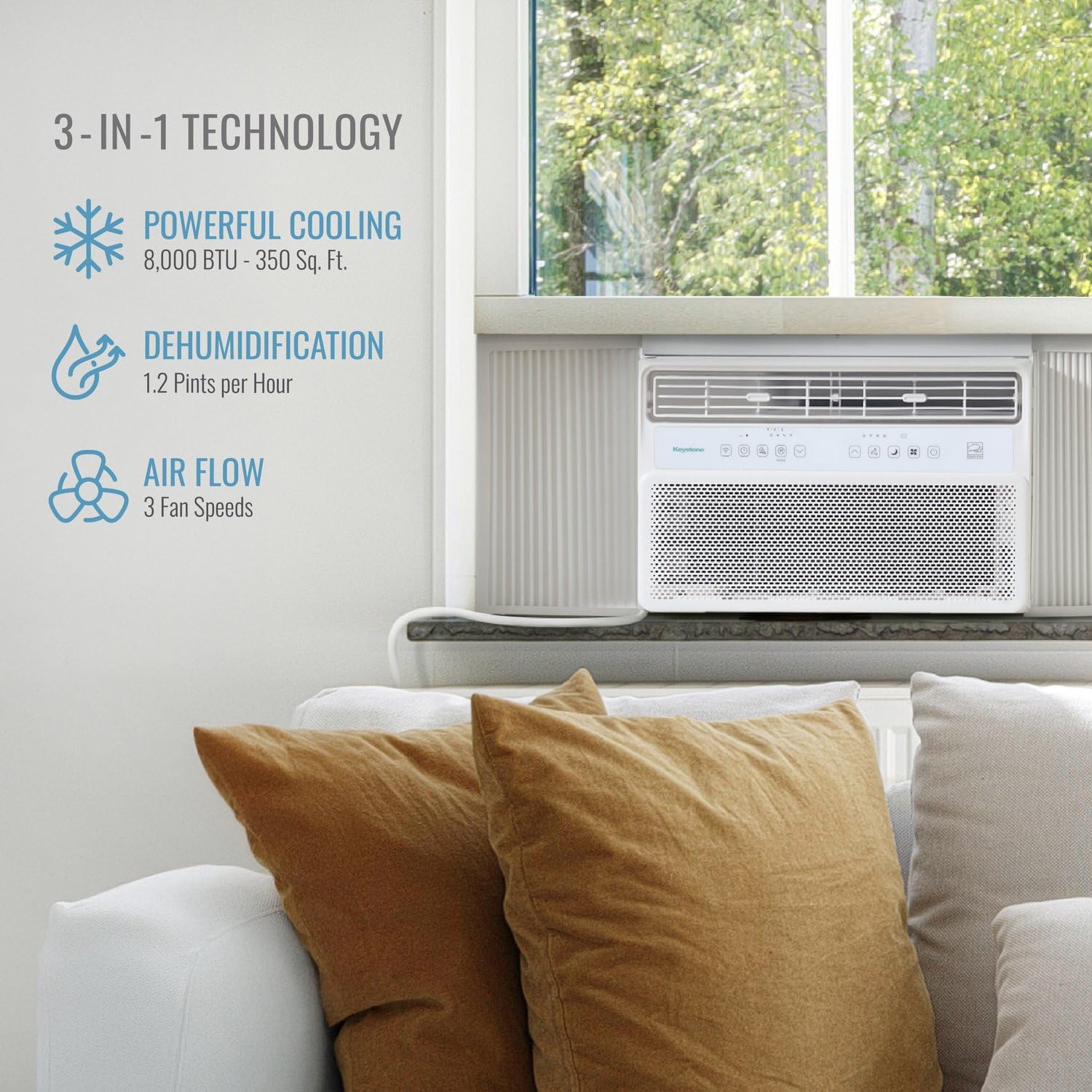 Keystone 8,000 BTU Window Mounted Inverter Air Conditioner with Quiet, High Efficiency Operation and Remote, Window AC Unit for Apartment, Living Room, Bathroom, Small/Medium Rooms up to 350-Sq. Ft.
