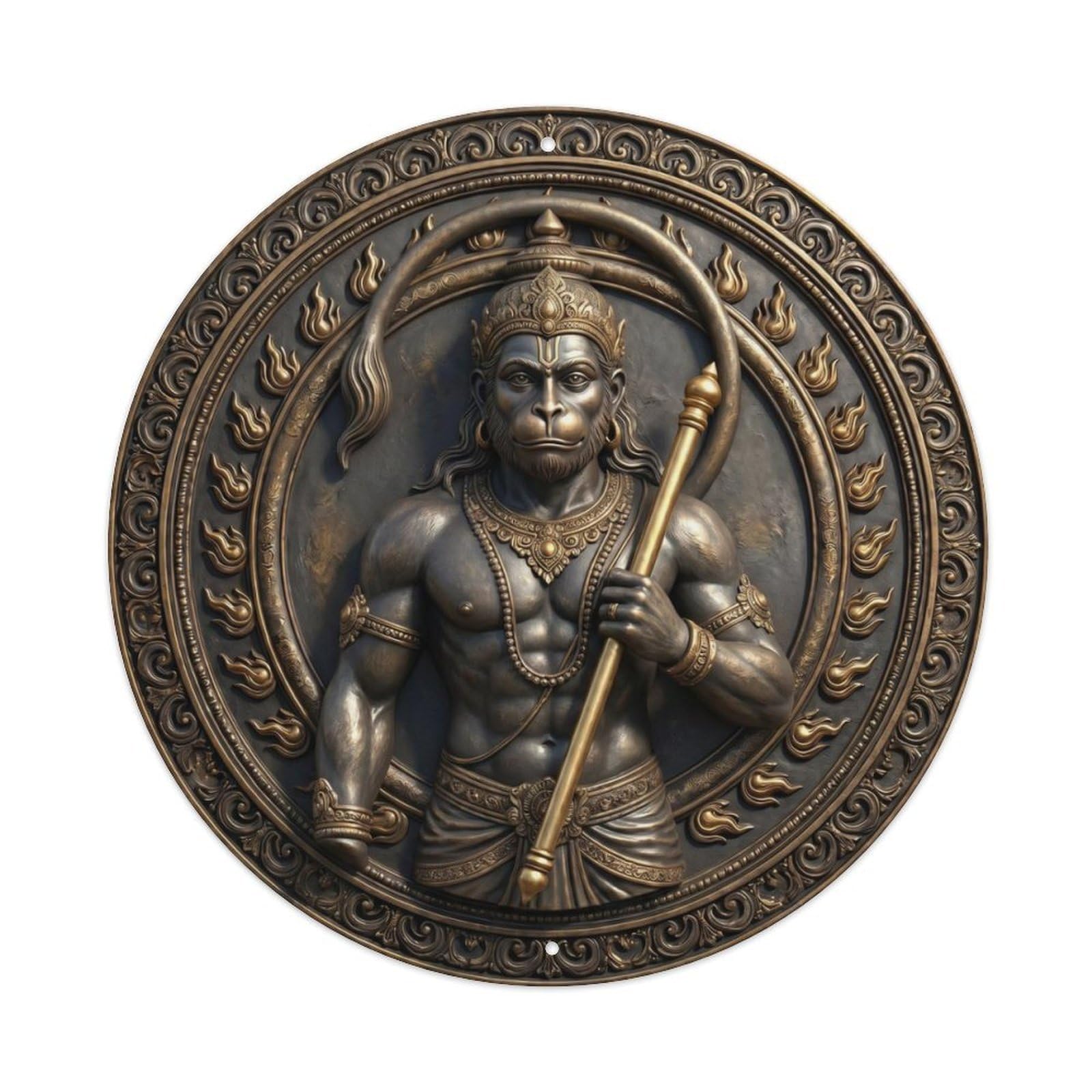 Fqcyn Style Hindu Deity Shiva Hanuman Avatar Monkey Deity Relief Sculpture Metal Tin Sign Plaque Wall Decor For Cafe, Club Bar, Office, Home Garden Round Metal Poster 8X8inch