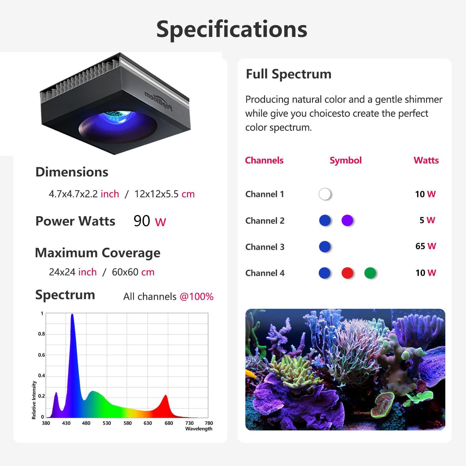 PopBloom RL90 WiFi Reef LED Aquarium Light 100W, Reef Aquarium Lighting for Marine SPS LPS Corals Saltwater Fish Tanks, APP Fully Programmable (2 Lights with Arm kit)