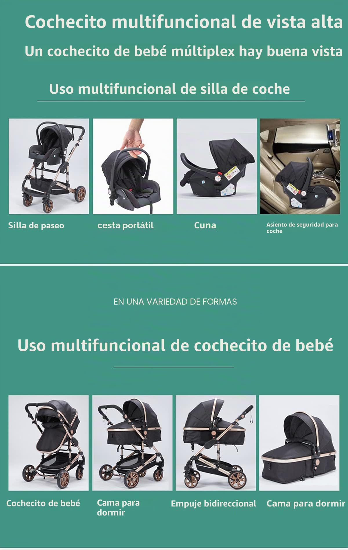 Magic ZC Carrito Bebe 3 en 1, Carro de Bebe 3 Piezas con Empuje Reversible de Dos Vías, Carrito Bebe con Diseño Portátil Plegable de Un Clic, Cochecito Bebe 3 Piezas con Accesorios (oro negro)