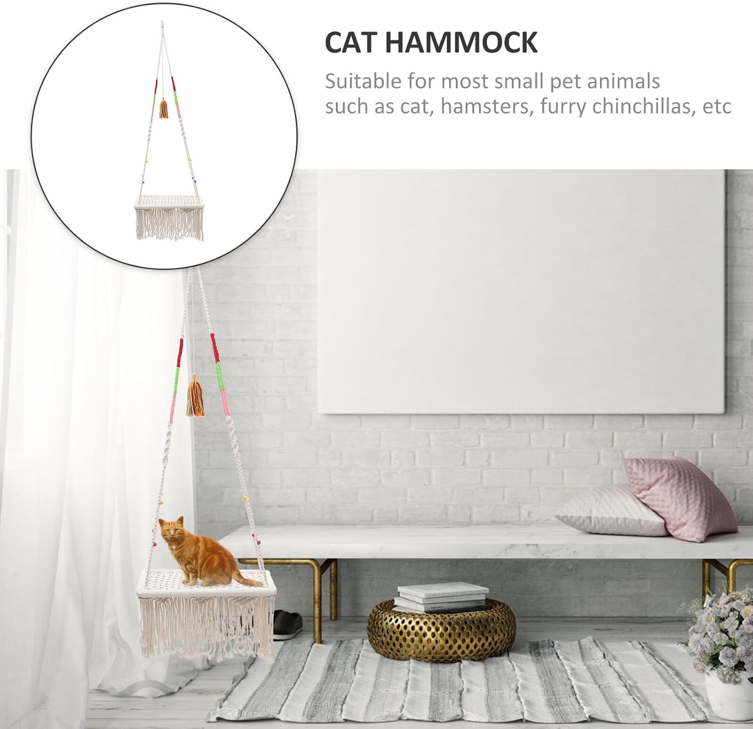 DOITOOL Hanging Cat Bed Kitten Macrame Cat Hammock Cotton Rope Swing Hammock Bohemian Style and Kittens