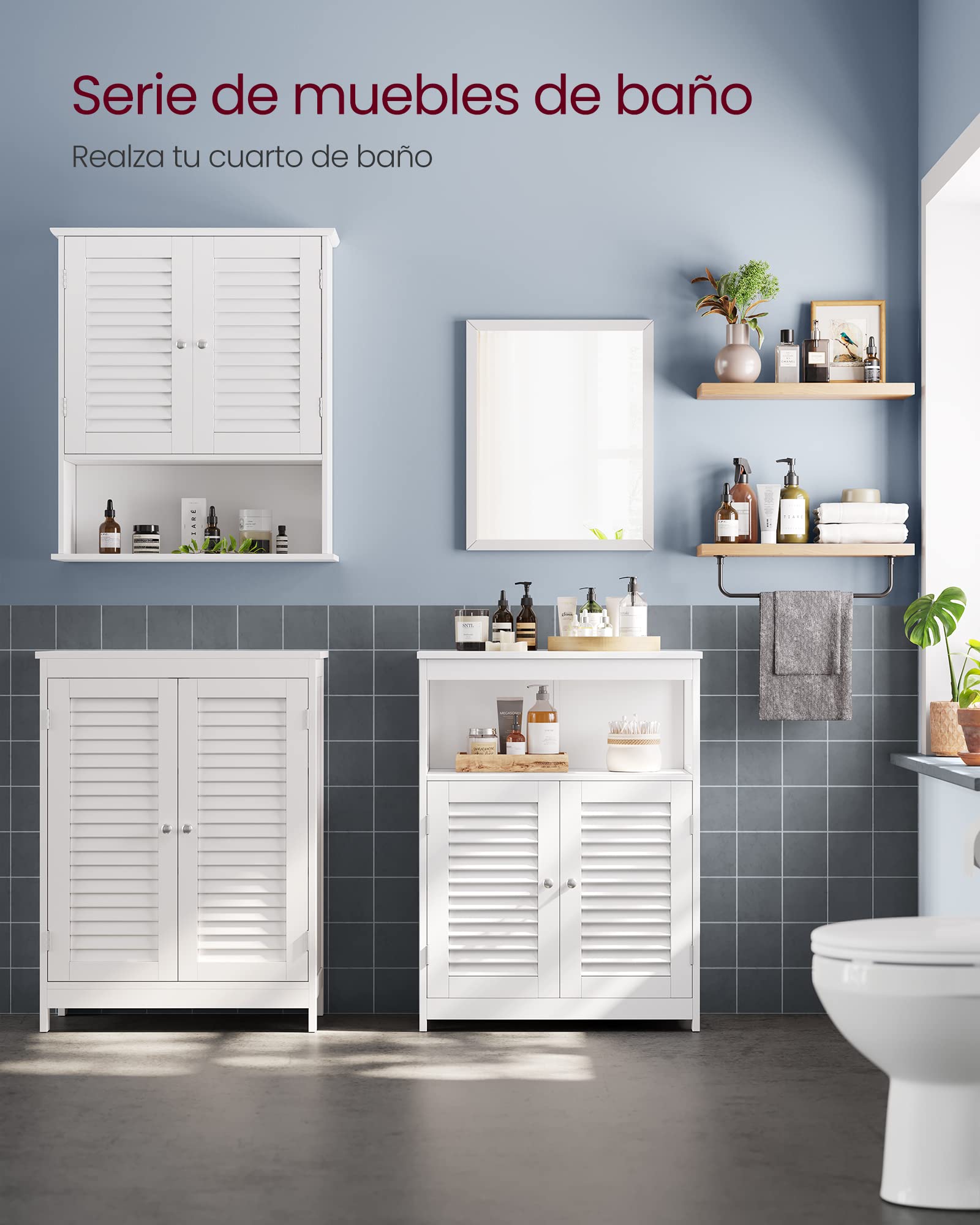 VASAGLE Armario del baño, Mueble baño, auxiliar, Organizador con 2 puertas de persianas, sala de estar, cocina, entrada, Blanco BBC40WT | SAGGIO BBC40WT - Armario de baño independiente, color blanco