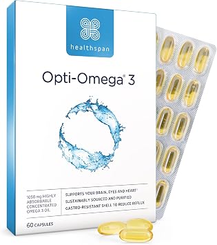 Healthspan Opti-Omega 3 with Anti Reflux Technology 2 Months' Supply | Optimal Absorption Omega 3 Fish Oil to Support Your Brain, Eye & Heart Health | 750mg Omega 3 Fatty Acids Per Capsule
