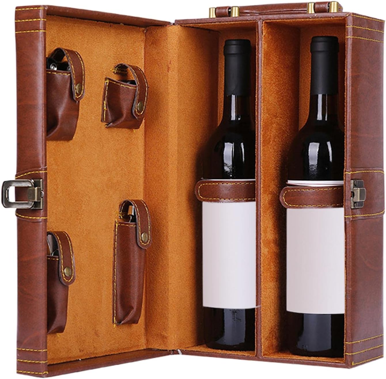 Wine Gift Box PU Leather with Wine Set Vintage Top Handle Handmade Wine Transport Case for Father's Day Occassions Celebrations Events, Double Slot