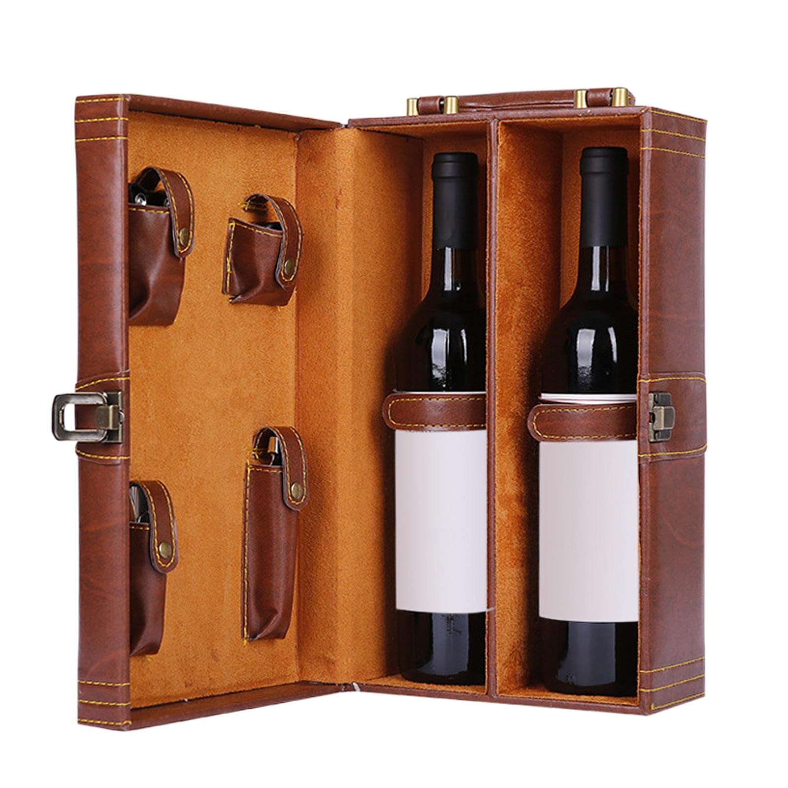 perfk Coffret Cadeau vin en Cuir PU avec Service à vin avec Couvercle et poignée Organisateur de Rangement Étui de Transport de vin pour événements, Double Fente