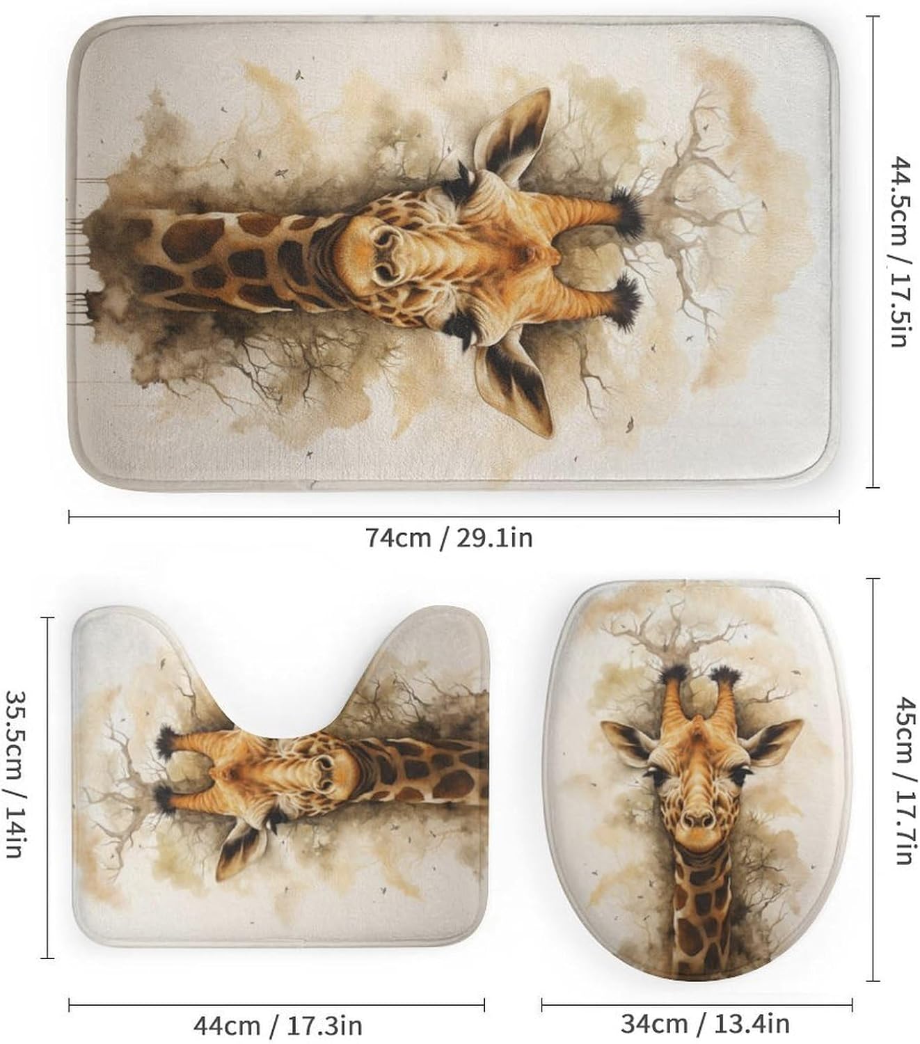 4-Piece Watercolor Giraffe Shower Curtain Set with Non-Slip Rug, Toilet Lid Cover, Bath Mat, Vintage Nature Ink Animal Print Bathroom Decor Includes 12 Hooks