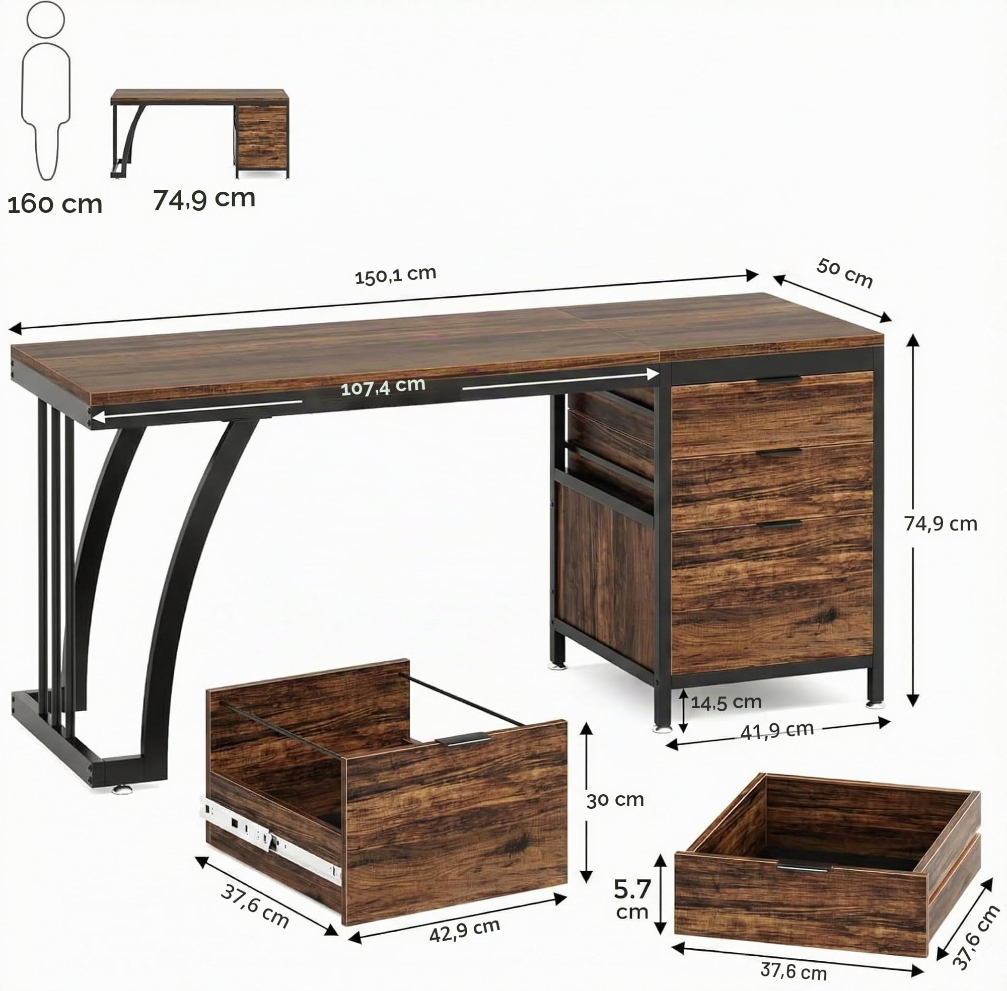 Lailang 150cm Escritorio, Mesa Escritorio Industrial, Mesa Ordenador E Impresora, Escritorio Madera, Bancada de Trabajo Oficina, Mesa Escritorio Grande, 150 x 50 x 76 cm, Rustic Brown